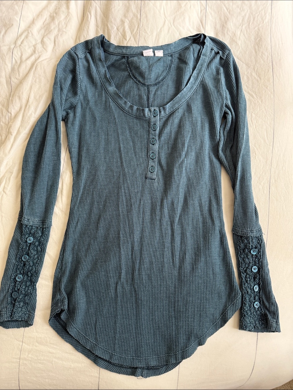 Melrose and Market Teal Waffle-Knit Henley with Lace Cuff